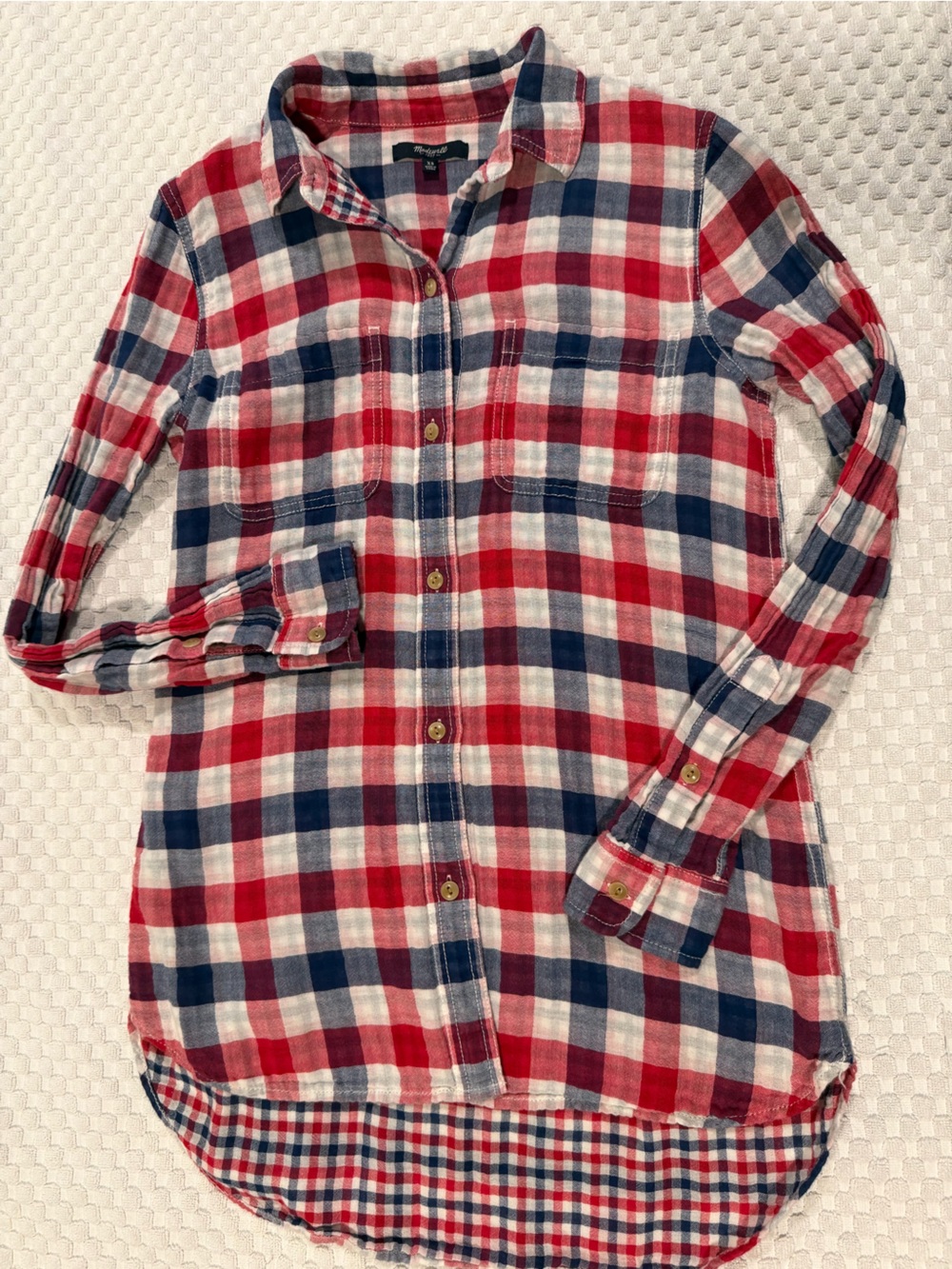 Madewell Red Navy and White Plaid Button-Down Shirt, Size XS